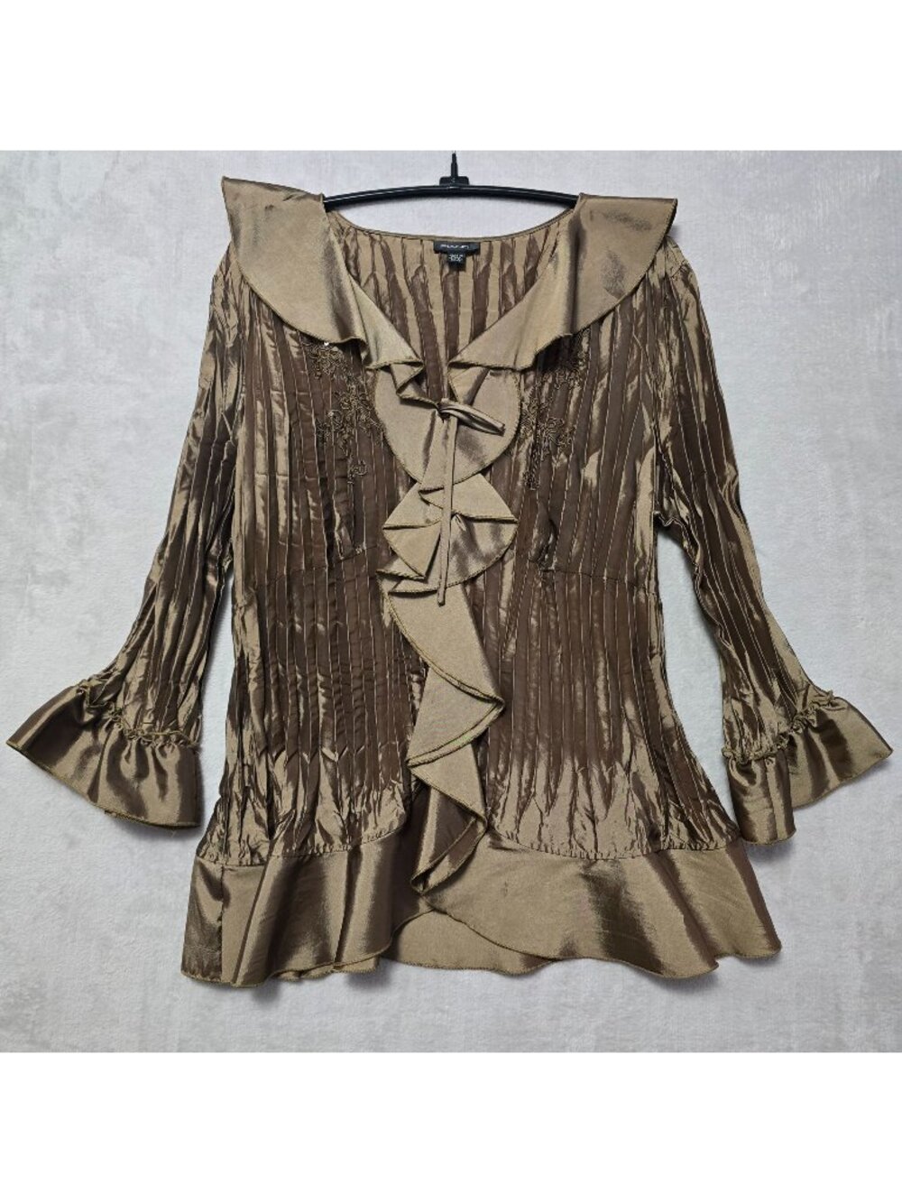 Y2K Piano Womens Bronze Satin Crinkle Smocked Victorian Ruffle Collar Top Large